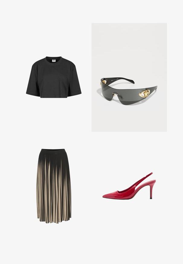 Tricou negru scurt, confecționat din bumbac, cu o croială lejeră, mâneci scurte și un guler rotund ribatat. Fără modele sau accente vizibile.; Fustă midi plisată, neagră și bej, cu un tiv elastic înalt, având dungi verticale și un design fluid pentru o mișcare liberă.; Mango Pantofi clasici cu toc - red; Ochelari de soare gri închis cu un design elegant și curbat. Prezintă accente cu ton de aur în formă de leu pe laterale și un cadru negru lucios.