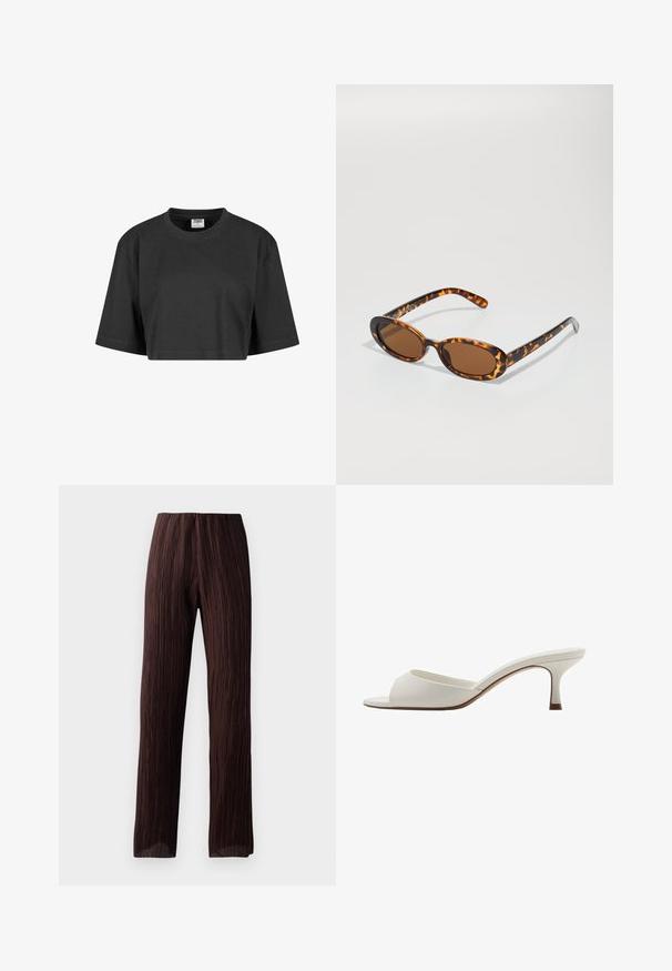Zkrácené černé tričko vyrobené z bavlny, s volným střihem, krátkými rukávy a žebrovaným kulatým výstřihem. Žádné viditelné vzory ani akcenty.; Hnědé široké kalhoty s pořízeným textilním vzorem, vysokým pasem a volným střihem. Vyrobeno z lehkého materiálu. Bez viditelných uzávěrů.; Bílé otevřené lodičky na vysokém podpatku s hladkým povrchem, minimalistickým designem a štíhlým podpatkem, se slabým hnědým akcentem na podrážce.; Brýlové čočky ve stylu želvoviny s oválnými rámy, hnědými skly a štíhlými černými nožičkami s jemnými vzorovými akcenty.; Dvoje zlatých prstenů je vystaveno, jeden je silný a zaoblený, druhý tenký a plochý. Oba mají hladký, lesklý povrch s leštěným povrchem.