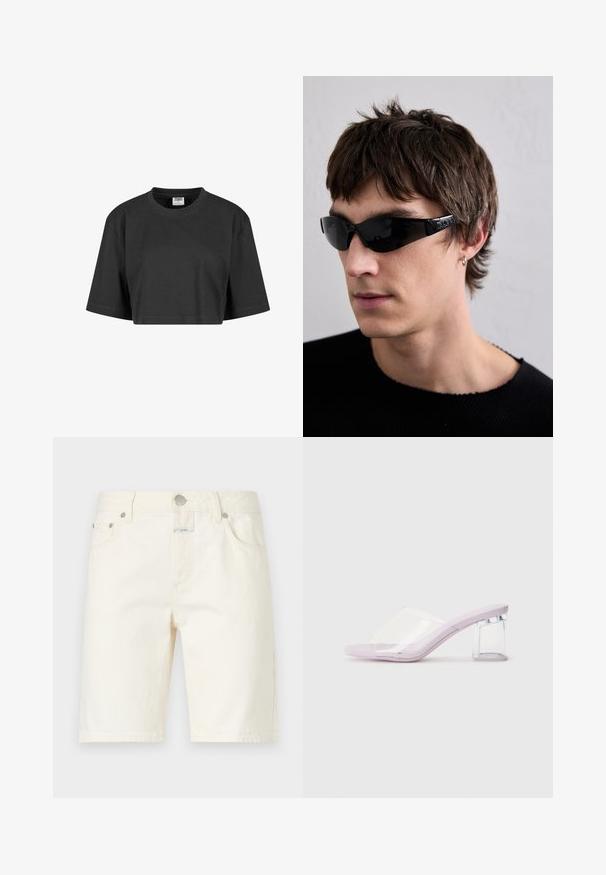 Strihnuté čierne tričko vyrobené z bavlny, s voľným strihom, krátkymi rukávmi a rebrovaným kulatým výstrihom. Bez viditeľných vzorov alebo akcentov.; CLOSED JINNIE - Šortky - white; Fialové podpätky s otvorenou špičkou, jasnou plastovou vrchnou časťou a priehľadným blokovým podpätkom. Hladká textúra, minimalistický tvar.; Čierne slnečné okuliare s elegantným, obopínajúcim dizajnom a lesklým povrchom. Obsahujú detaile so žiadaným logom na bočných stranách a sú vyrobené z ľahkého rámu.