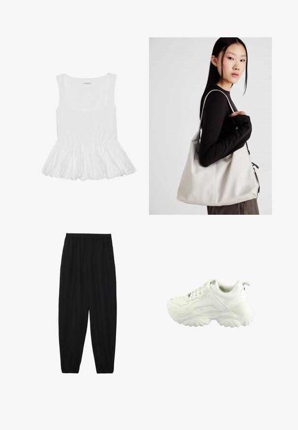 White sleeveless top with a square neckline, featuring a gathered, ruffled flounce hem. Made of soft fabric with a smooth texture.; Black, lightweight pants with an elastic waistband and gathered ankles. The fabric is smooth and features a relaxed, tapered design.; White sneaker featuring a chunky design, smooth synthetic upper, padded collar, and textured rubber sole with a diamond pattern.; Beige handbag made of soft material, featuring a slouchy design, stitched detailing, and two shoulder straps. Suitable for everyday use.