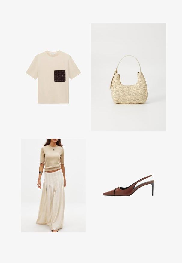T-shirt en coton beige avec une poche en patch crocheté marron foncé à motif texturé sur la partie gauche de la poitrine. Manches courtes.; Haut à manches courtes en tricot beige associé à une longue jupe crème fluide avec des plis verticaux et une texture lisse.; Talons hauts slingback en cuir marron avec une pointe pointue, un détail découpé au niveau du coup de pied, et un talon aiguille élégant. Texture lisse.; Sac en paille tressée beige avec une forme courbée, une courte poignée et une fermeture éclair sur le côté. Présente une surface texturée et un design minimaliste.