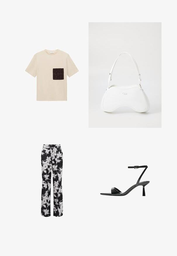 Beige cotton t-shirt featuring a dark brown crocheted patch pocket with a textured pattern on the left chest area. Short sleeves.; Black floral pants with a loose fit. Features white flower patterns and an elastic waistband. Made from smooth, lightweight fabric.; Bershka High heeled sandals - black; White handbag with a smooth, glossy surface, curved shape, and a single adjustable strap. Features a logo embossed on the front.