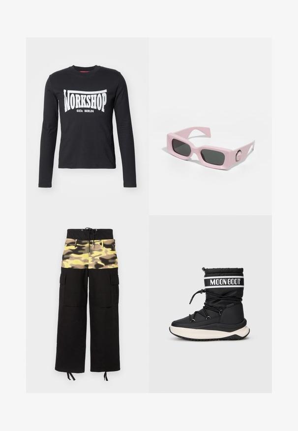 Fekete, hosszú ujjú pamut póló, nagy fehér "WORKSHOP 032c BERLIN" grafikával az elején. Simaság jellemzi, kerek nyakkivágású.; Kargópant, amely fekete szövetből készült, és sárga, zöld és barna árnyalatú kamuflázsmintás felső résszel rendelkezik; állítható derékpántot tartalmaz.; Fekete szigetelt Moon Boot, párnázott szárával, fehér logós pánttal, állítható húzózsinórral és vastag talppal a jobb tapadás érdekében.; Rózsaszín, téglalap alakú napszemüveg sötét lencsékkel. Merész keretdesign, sima textúra és díszes ezüst embléma az oldalon.