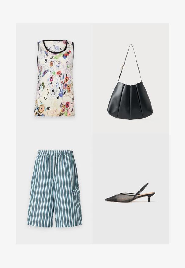 Floral print sleeveless top in cream, featuring vibrant colors, black trim, and a soft texture. Design includes assorted flower and abstract motifs.; Striped shorts with an elastic waistband, featuring alternating green, white, and blue vertical stripes, and a side pocket. Lightweight fabric.; NEOUS IRENA - Classic heels - black; Black leather shoulder bag with pleated design, smooth texture, single strap, and a subtle gold hardware accent.