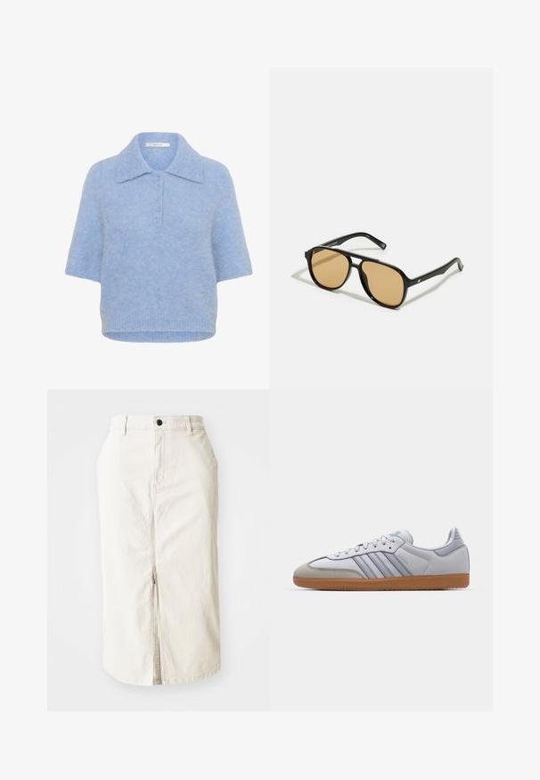 Světle modrý pletený top s krátkým rukávem, límečkem a zapínáním na pět knoflíků. Měkká textura s mírně širokým střihem a žebrovaným lemem.; Béžová bavlněná midi sukně s předním rozparkem, zapínáním na horní knoflík a bez viditelných kapes. Ploché pásko a hladká textura.; Bílé kožené tenisky s světle modrými akcenty, šedým semišovým špičkou a hnědou gumovou podrážkou. Obsahují tři modré pruhy a branding "Samba".; Černé sluneční brýle s hnědými tónovanými čočkami; obdélníkový tvar s tlustým rámem, včetně jemných kovových akcentů na stranách.