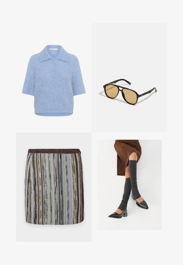 Svetlo modra kratka majica iz pletenine s ovratnikom in petimi gumbi. Mehka tekstura z rahlo kvadratnim krojem in rebrastim robom.; Kratka, oprijeta krila z večbarvnimi navpičnimi črtami v odtenkih zelene, črne in rjave barve, ki ima strukturiran elastičen pas.; Črne lakirane čevlje s pointy prsti in blok peto ter z naramnicami za gleženj, ki jih kombiniramo s sivimi rebrastimi nogavicami in rjavim suknjičem iz usnja.; Črne sončne očala z rjavim odtenkom leč; pravokotna oblika s širokim okvirjem, vključno z diskretno kovinsko dekoracijo na obeh strani.; Rjava usnjena torbica z dvema trdnima ročkama, pravokotne oblike, gladke teksture in zadrgo. Minimalističen dizajn brez vidnih vzorcev.