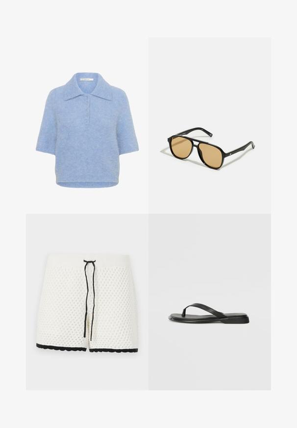 T-shirt tricot à col, bleu clair et à manches courtes, avec une patte de boutonnage à cinq boutons. Texture douce avec une coupe légèrement carrée et un ourlet côtelé.; Shorts blancs en tricot avec un motif texturé en losanges. Dotés d'un cordon de serrage noir à la taille et d'un ourlet noir festonné le long du bas.; Tongs noires en cuir lisse, avec un design de sangle fine et une semelle plate à profil minimal. Aucun motif ou accent notables.; Lunettes de soleil noires avec des verres teintés marron ; forme rectangulaire avec une monture épaisse, incluant des détails discrets en métal sur les branches.; Sac à main en cuir marron avec deux poignées robustes, de forme rectangulaire, texture lisse et fermeture zippée. Design minimaliste sans motifs visibles.