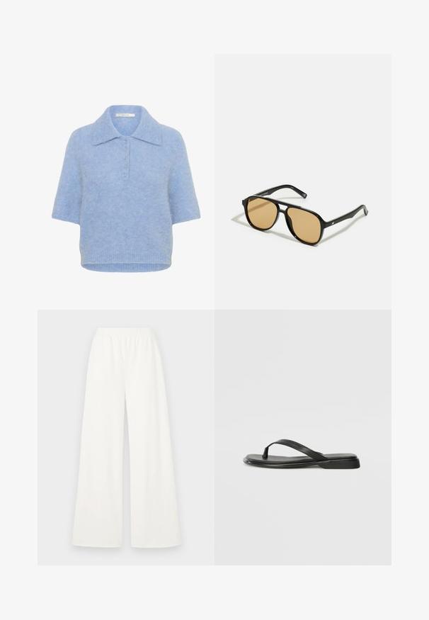 Šviesiai mėlynas, trumpomis rankovėmis megztas viršus su apykakle ir penkių sagų užsegimu. Minkšta tekstūra, šiek tiek dėžutės formos siluetas ir raštas apatinėje dalyje.; Plati kojinės balta, lengvos medžiagos. Savybės: elastinga juosmens juosta patogumui ir lygi tekstūra be matomų raštų.; Juodos šlepetės, pagamintos iš lygios odos, su plona dirželių konstrukcija ir plokščiu padu, turinčiu minimalų profilį. Be pastebimų raštų ar akcentų.; Juodi saulės akiniai su rudais lęšiais; stačiakampio formos, su storu rėmu, įskaitant subtilias detales ant šventyklų.; Ruda odinė rankinė su dviem tvirtais rankenėlėmis, stačiakampio formos, lygi tekstūra ir užtrauktuku. Minimalistinis dizainas be matomų raštų.