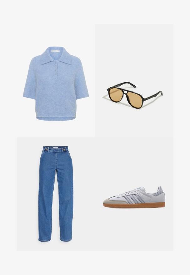 Ljusblå, kortärmad stickad topp med krage och femknappsupply. Mjuk textur med en något boxig passform och ribbad fåll.; Breda ben blå denimjeans med hög midja, med två knappstängningar och subtila sömnadsdetaljer längs sömmarna.; Vita lädersneakers med ljusblå accenter, grå mocka tå och en brun gummisula. Har tre blå ränder och "Samba"-logotyp.; Svarta solglasögon med bruna tonade linser; rektangulär form med en tjock ram, inklusive subtila detaljer av metall vid glasögonbågarna.