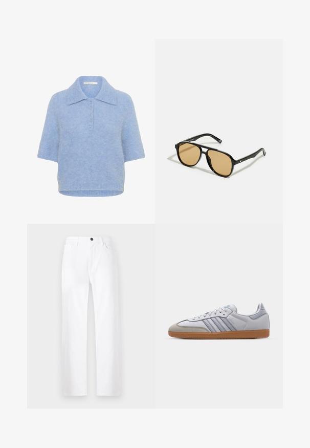 Lyseblå, kortærmet strikket top med krave og fem knapper. Blød tekstur med en let boxy pasform og ribbet kant.; Hvide brede bukser lavet af denim, med knaplukning, forlommer og et rent design uden synlige mønstre eller detaljer.; Hvide lædersneakers med lyseblå accenter, grå ruskindsnæse og en brun gummisål. Har tre blå striber og "Samba" branding.; Sorte solbriller med brune tonede linser; rektangulær form med en tyk ramme, herunder diskrete hardwaredetaljer på stængerne.; Brun lædertaske med to robuste håndtag, rektangulær form, glat tekstur og lynlås lukning. Minimalistisk design uden synlige mønstre.