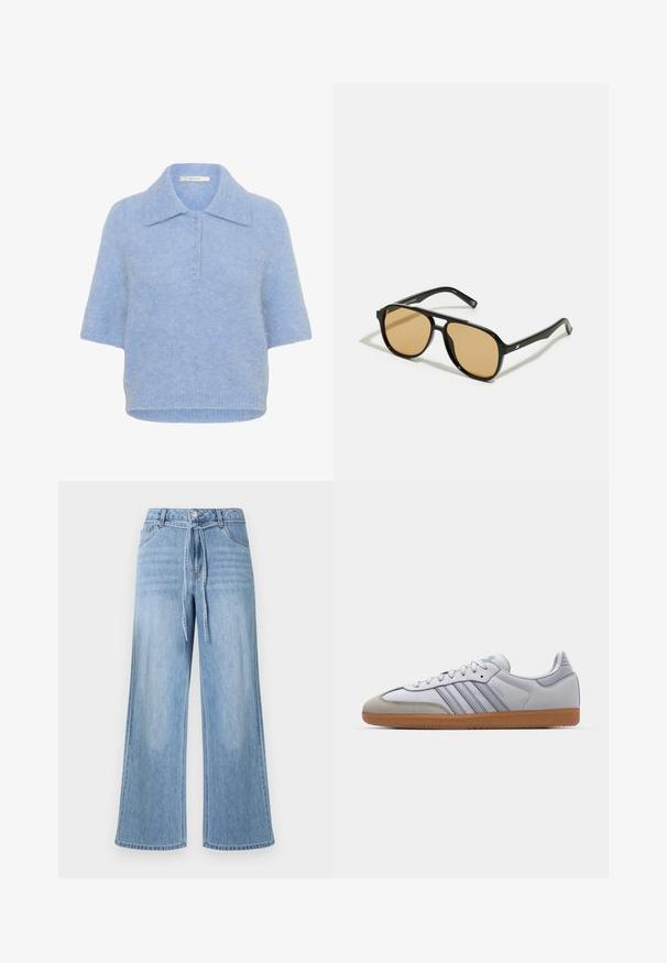 Maglietta a maniche corte in maglia blu chiaro con colletto e abbottonatura a cinque bottoni. Texture morbida con un taglio leggermente squadrato e bordo a coste.; Jeans larghi in denim azzurro chiaro con vita annodata, tasche frontali e design classico a cinque tasche con sfumature sottili.; Sneakers bianchi in pelle con dettagli azzurri chiari, punta in suede grigia e suola in gomma marrone. Presentano tre strisce blu e il marchio "Samba".; Occhiali da sole neri con lenti a sfumatura marrone; forma rettangolare con una montatura spessa, inclusi sottili dettagli metallici sulle astine.