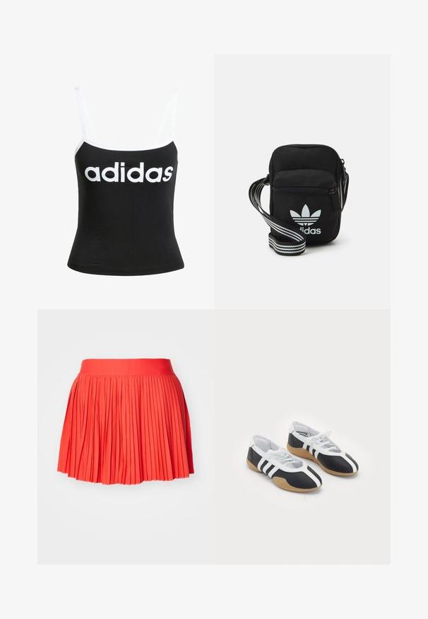 Top negro de tirantes finos, hecho de algodón, con un diseño ajustado y un destacado logo blanco de "adidas" en la parte frontal.; Falda plisada roja con una cinturilla ancha, hecha de una tela ligera. Presenta pliegues verticales que se extienden por toda la prenda.; Zapatillas deportivas en blanco y negro con un diseño elegante, suela de goma, cierre de cordones y tres franjas blancas en los lados.; Bolso cruzado de tela negra con cierre de cremallera, que presenta un logo blanco de Adidas y una correa ajustable a rayas para un fácil transporte.