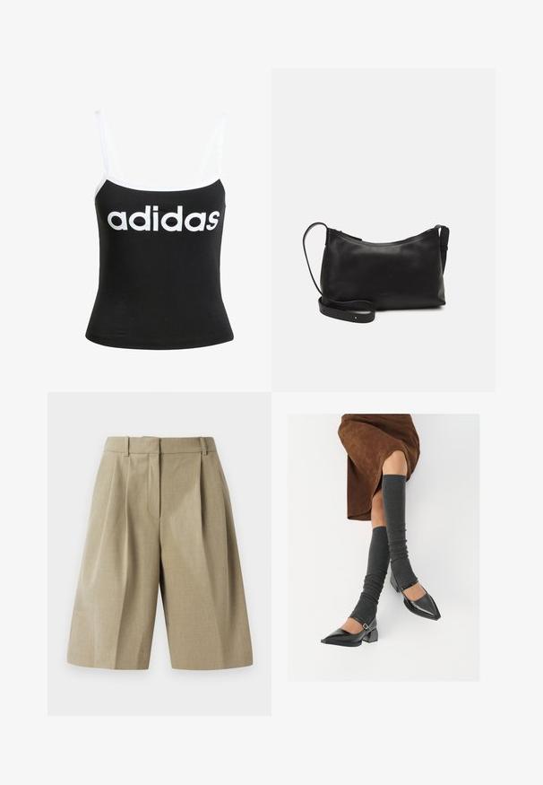 Top negro de tirantes finos, hecho de algodón, con un diseño ajustado y un destacado logo blanco de "adidas" en la parte frontal.; Shorts beige a medida con un diseño plisado, fabricados con un tejido ligero. Cuentan con una cinturilla y bolsillos frontales profundos.; Zapatos de charol negros con punta afilada, tacón bloque y tira de tobillo, combinados con calentadores de piernas de canalé grises y una falda de ante marrón.; Bolso de hombro de cuero negro con una textura suave, forma curvada, correa ajustable y cierre con cremallera. Diseño minimalista sin adornos.