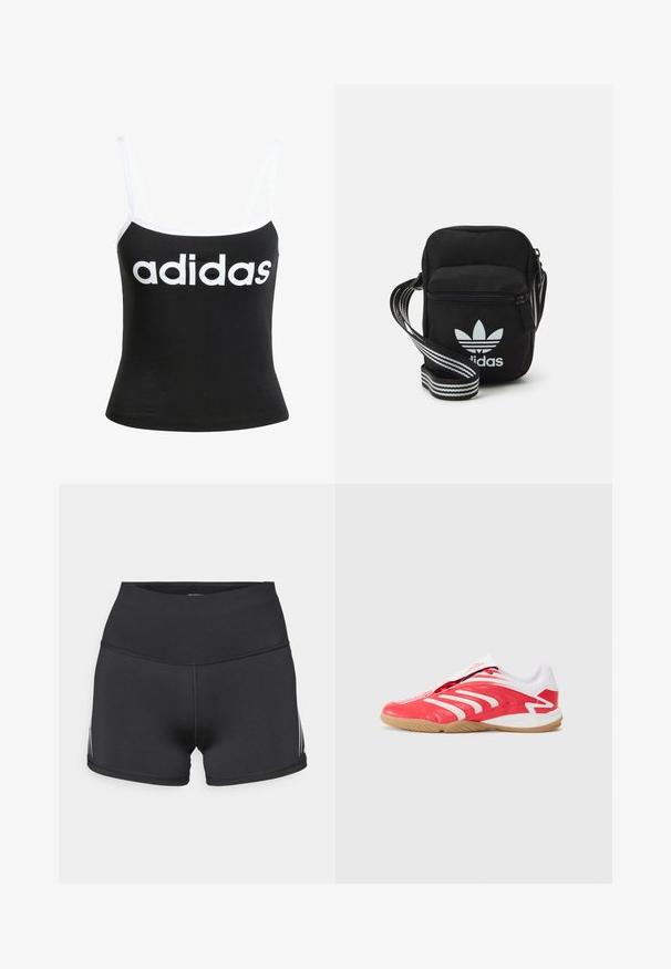 Čierny top bez rukávov z bavlny s tenkými ramienkami, priliehavým strihom a výrazným bielym logom "adidas" na prednej strane.; Čierne športové šortky s vysokým pásom, vyrobené z elastickej látky. Majú biele bočné pruhy a ploché švy pre pohodlie.; adidas Originals PREDATOR SALA - Halové kopačky - better scarlet/white/gum; Čierna textilná crossbody taška so zipsovým uzáverom, ktorá má biele logo Adidas a pruhovaný nastaviteľný popruh pre jednoduché nosenie.