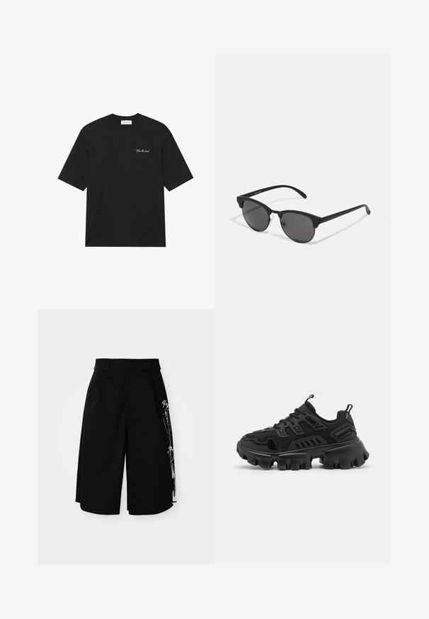 Tricou din bumbac negru cu mâneci scurte, având un text alb scris "Ia inițiativa" în zona stângă a pieptului. Design simplu cu gât rotund.; Șorturi negre din bumbac cu o croială lejeră, picioare drepte și un imprimeu graphic alb unic pe o parte. Două bucle pentru curea la talie.; Încălțăminte sportivă neagră cu talpă din cauciuc texturat, elemente de design stratificate și accente întărite. Dispune de șireturi și manșetă la călcâi.; Ochelari de soare negri cu lentile rotunde, finisaj mat și o formă distinctivă de cat-eye. Brațe subțiri cu un branding subtil pe templul stâng.