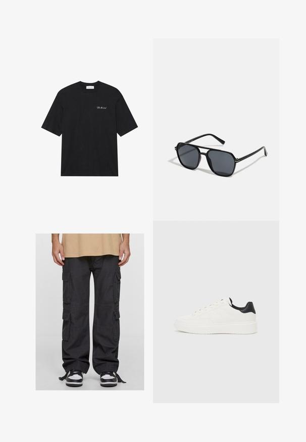 Tricou din bumbac negru cu mâneci scurte, având un text alb scris "Ia inițiativa" în zona stângă a pieptului. Design simplu cu gât rotund.; Pantaloni cargo negri din bumbac, cu multiple buzunare laterale, o croială lejeră și ațe ajustabile la glezne. Asortați cu adidași negri și albi.; Adidași din piele albă cu un model embosat, talpă intermediară texturată de culoare albă și accent negru pe călcâi. Prezintă vârf rotunjit și șireturi plate.; Ochelari de soare negri cu ramă octogonală, lentile întunecate, finisaj lucios, temple subțiri și accente aurii în partea din față.