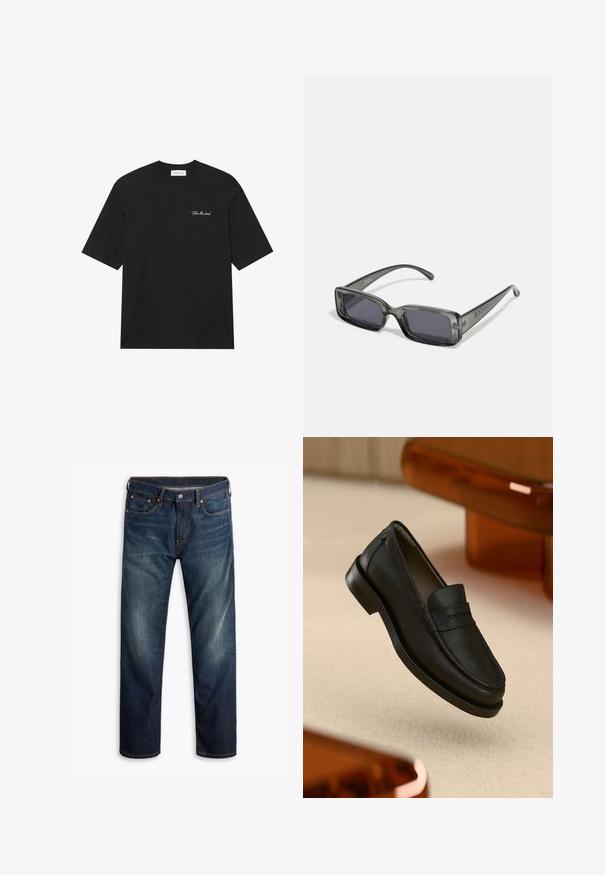 T-shirt en coton noir à manches courtes, avec un texte en écriture blanche "Take the lead" sur le côté gauche de la poitrine. Design simple à col rond.; Jean en denim bleu foncé avec un léger délavage sur les cuisses, design à cinq poches, fermeture par bouton et coutures oranges visibles sur fond blanc.; Mocassin en cuir noir avec finitions texturées, doté d'une couture cousue et d'une semelle en caoutchouc. Placé sur une surface de couleur claire.; Lunettes de soleil rectangulaires avec une monture translucide gris foncé, des verres sombres et des branches fines. Détail de logo notable sur la monture.