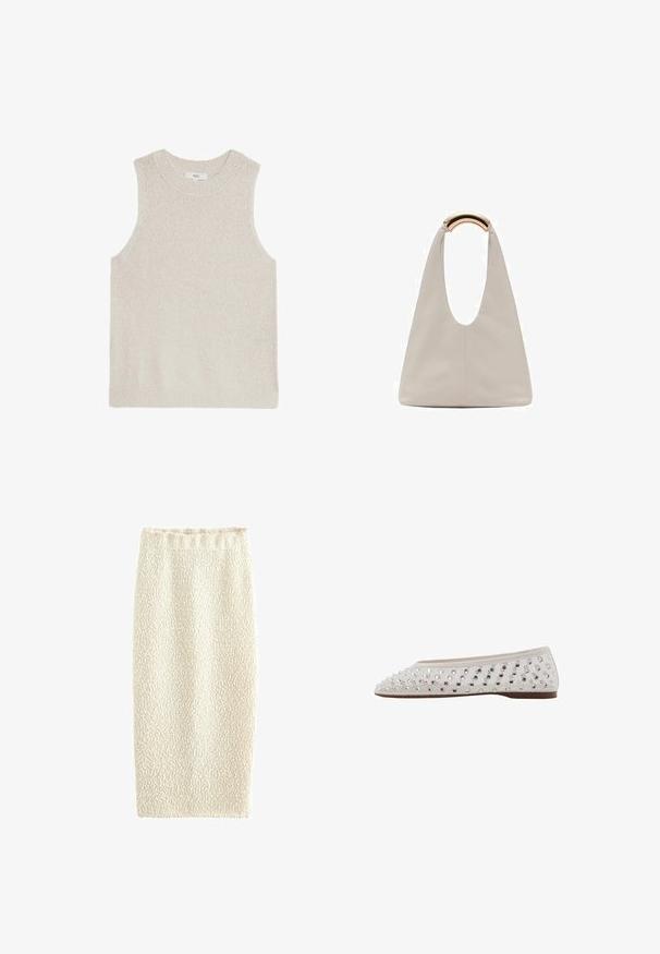 Felpa senza maniche di un beige chiaro con colletto rotondo a costine, tessuto testurizzato e design minimalista; senza marchi o motivi visibili.; Gonna a matita lavorata a maglia color crema con superficie texturizzata, vita elastica e silhouette aderente, progettata per un aspetto slanciato.; Ballerine in tessuto crema con paillettes argentate disposte in un motivo a pois, punta arrotondata e suola bassa marrone. Parte superiore testurizzata per un tocco di dettaglio in più.; Borsa in pelle grigio chiaro con design a forma di U e manico metallico curvo. Texture liscia con cuciture minime e senza motivi visibili.