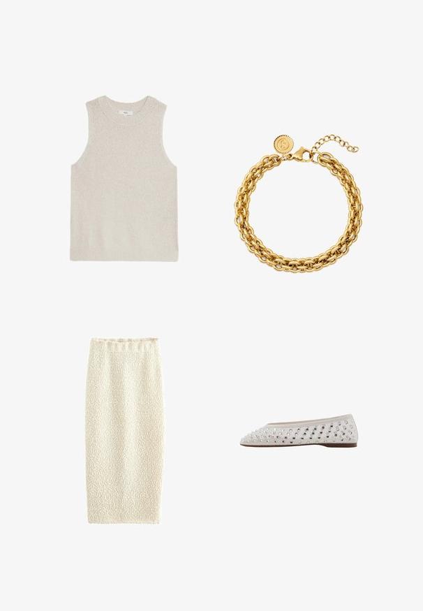 Helles beigefarbenes, ärmelloses Sweatshirt mit einem gerippten Rundhalsausschnitt, strukturiertem Stoff und minimalistischem Design; keine sichtbaren Marken oder Muster.; Strick-Bleistiftrock in Creme mit strukturierter Oberfläche, elastischem Bund und tailliertem Schnitt, entworfen für einen eleganten Look.; Ballettschuh aus cremefarbenem Stoff mit silbernen Pailletten in Punktmuster, runde Zehenform und braune, flache Sohle. Strukturierte Oberseite für zusätzliche Details.; Goldene Armkette mit miteinander verbundenen ovalen Gliedern, einem Karabinerverschluss und einer verstellbaren Kette mit einem Plättchen-Anhänger, der mit einem Logo geprägt ist.