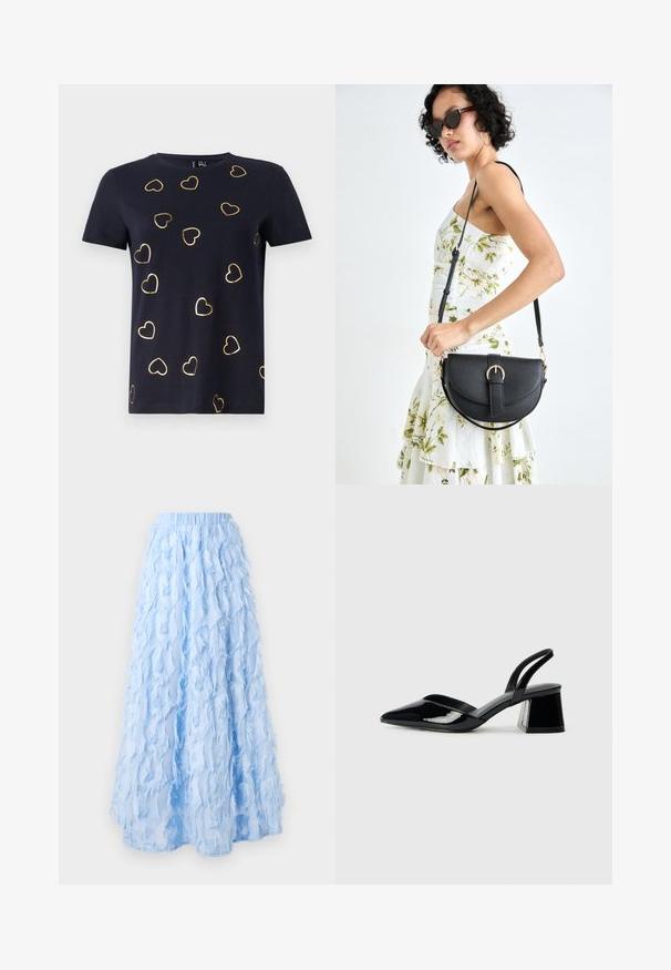 Marineblaues T-Shirt mit kurzen Ärmeln aus Baumwolle, mit goldumrandeten Herzmustern, die über den Stoff verteilt sind. Rundhalsauschnitt. Weiche Textur.; Hellblauer Midirock aus schichtenweise, strukturiertem Stoff mit fransigen Details, ausgestattet mit einem elastischen Bund und einer fließenden Silhouette.; Schwarze Lackleder-Slingback-High Heels mit spitzem Schuh und einem geometrischen Blockabsatz. Verfügt über ein schlankes, minimalistisches Design und eine glatte Textur.; Schwarze Lederhandtasche mit geschwungener Form, abnehmbarem Tragegurt und goldenen Beschlägen. Die Tasche verfügt über einen Deckel mit einer Schnallen-Details.