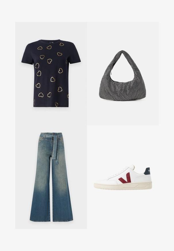 Granatowa koszulka z krótkim rękawem z bawełny z wzorami serc obrysowanymi złotem rozmieszczonymi po całej tkaninie. Okrągły dekolt. Miękka textura.; Szerokie spodnie dżinsowe z gradientem od jasnoniebieskiego do ciemnoniebieskiego, wysokim stanem, szlufkami na pasek oraz pasującym paskiem z tkaniny. Teksturowany wykończenie dżinsu.; Białe skórzane sneakersy z bordowym logo 'V', teksturowana gumowa podeszwa i granatowy akcent na pięcie; posiadają klasyczny design na sznurówki.; Czarna torba o wypukłym kształcie hobo, wykonana z teksturowanej tkaniny z metalowymi ćwiekami. Posiada jeden uchwyt na górze, zamek błyskawiczny oraz miękką sylwetkę.