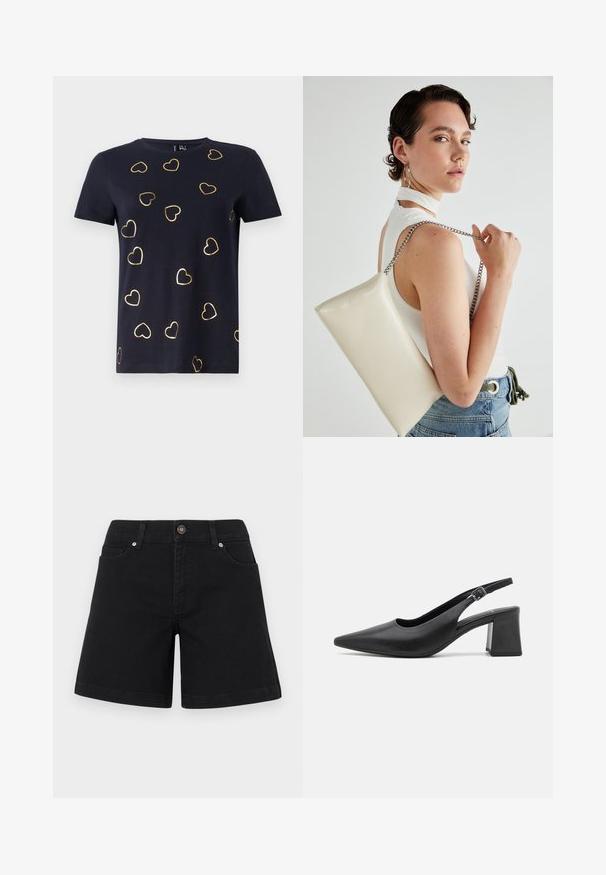 Camiseta de manga corta en color navy de algodón con patrones de corazones delineados en dorado dispersos por la tela. Escote redondo. Textura suave.; Pantalones cortos de mezclilla negra con un diseño de pierna recta, bolsillos delanteros y cierre de botón en la cintura. Textura suave y estilo minimalista.; Zapato de tacón slingback de cuero negro con punta afilada y tacón cuadrado grueso. Presenta una correa ajustable con una hebilla de metal.; Bolso de mano rectangular blanco, hecho de un material brillante, con una cadena plateada. La modelo posa, mostrando el bolso frente a un fondo liso.