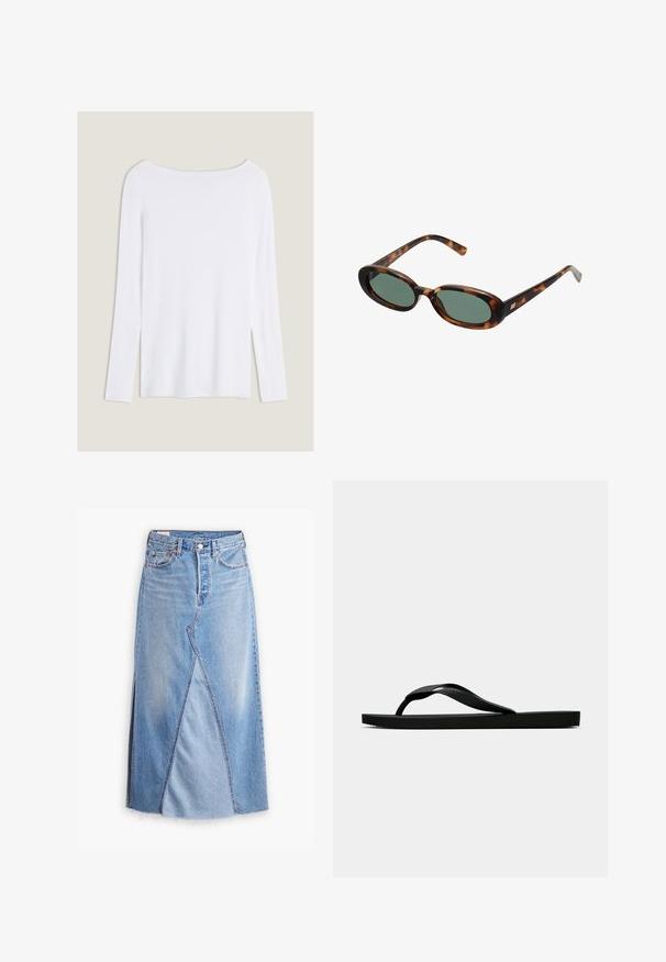 Weißes Langarmoberteil mit weitem Ausschnitt, seitlichen Schlitzen und einem glatten, leichten Stoff, das ein einfaches, minimalistisches Design aufweist.; Maxi-Jeansrock in hellem Blau mit rohem Saum, mit einem vorderen Nahtmuster und Taschen. Knopfschluss am Bund.; Schwarze Gummi-Flip-Flop-Sandale mit einem strukturierten Riemen und einfacher flacher Sohle, von der Seite auf einem schlichten hellen Hintergrund dargestellt.; Schildpatt-Sonnenbrille mit ovalen Rahmen und grünen Gläsern. Verfügt über dünne Bügel mit einem metallischen Akzent in der Nähe der Scharniere.