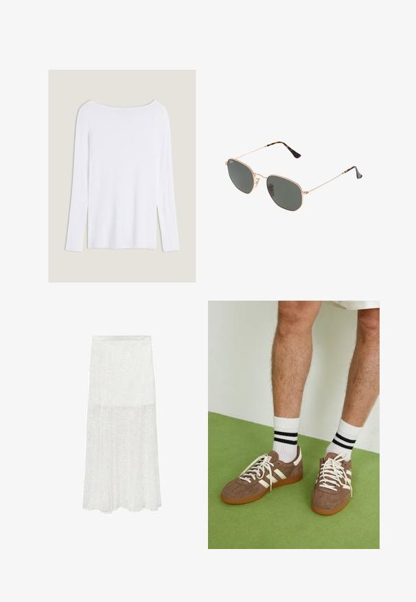 Witte lange mouwen top met een brede halslijn, zijsplitten en een gladde, lichtgewicht stof, met een eenvoudig, minimalistisch ontwerp.; Witte kanten maxi rok met subtiele bloemenpatronen, semi-doorzichtige textuur en een A-lijn silhouet. Elastische tailleband voor comfort.; Bruine suède sneakers met witte accenten en veters. Rubberen gumzool. Draag met witte sokken met zwarte strepen. Groene gestructureerde vloer.; Gouden metalen zonnebril met donkergroene lenzen, aviator-stijl, met slanke scharnieren en schildpad-accenten op de uiteinden.; Beige crossbody tas gemaakt van canvas met een herhalend MK-logo patroon, gouden hardware en een kettinghengsel. Heeft een ritsluiting en leren accenten.