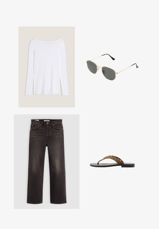 Hvid langærmet top med bred rund halsudskæring, sideslids og et glat, let stof, der har et simpelt, minimalistisk design.; Sorte denim jeans med lige ben design. Har kobber nitter og lommer. Glat tekstur og let falmet finish.; Brune ruskind flip-flop med en enkelt rem, der har guld-nitter, sort sål, flad design og enkel, minimalistisk form.; Guldmetallisk brille med mørkegrønne linser, aviator-stil, med slanke arme og skildpadde-mønstrede detaljer på spidserne.; Beige crossbody taske lavet af lærred med et gentaget MK-logo mønster, gyldent hardware og en kædestropp. Har en lynlåslukning og læderdetaljer.