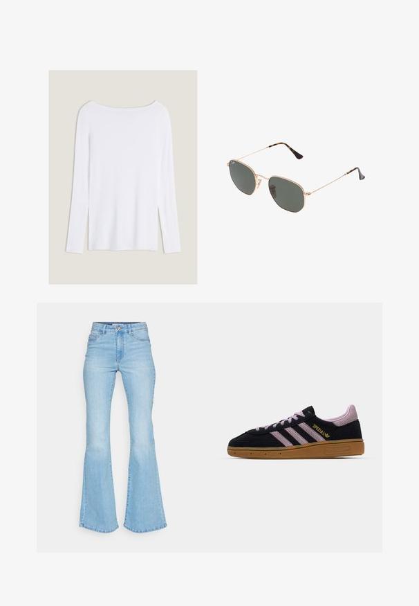 Biała bluzka z długim rękawem o szerokim dekolcie, z bocznymi rozcięciami i gładkiego, lekkiego materiału, charakteryzująca się prostym, minimalistycznym designem.; Jasnoniebieskie dżinsy w kształcie dzwonów, wykonane z denimu, z wysokim stanem, kieszeniami z przodu i starannie wykończonymi brzegami z widocznym szwem.; Czarno-różowe sneakersy z zamszu z gumową podeszwą, trzema różowymi paskami, złotym logiem "SPEZIAL" oraz teksturowaną podeszwą z gumy. Niskoprofilowy design.; Złote okulary przeciwsłoneczne w stylu aviatora z ciemnozielonymi soczewkami, z wąskimi ramionami i akcentami w panterkę na końcach.; Czarna pikowana torebka ze sztucznej skóry z łańcuszkowym paskiem, z heksagonalnym wzorem i dekoracyjnym detalem w postaci skrzydełek z przodu.