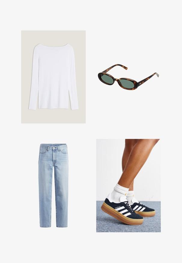 Biała bluzka z długim rękawem o szerokim dekolcie, z bocznymi rozcięciami i gładkiego, lekkiego materiału, charakteryzująca się prostym, minimalistycznym designem.; Jasnoniebieskie dżinsy typu straight-leg z przodem zapinanym na guzik, suwak, szlufki na pasek oraz pięcioma kieszeniami na białym tle.; Czarne zamszowe trampki z białymi paskami i akcentami, zaokrąglonym noskiem, gumową podeszwą w kolorze jasno-brązowym, zestawione z białymi żebrowanymi skarpetkami do kostki.; Okulary przeciwsłoneczne w kolorze tortoise z owalnymi oprawkami i zielonymi soczewkami. Posiadają cienkie zauszniki z metalowym akcentem przy zawiasach.; Czarna pikowana torebka ze sztucznej skóry z łańcuszkowym paskiem, z heksagonalnym wzorem i dekoracyjnym detalem w postaci skrzydełek z przodu.