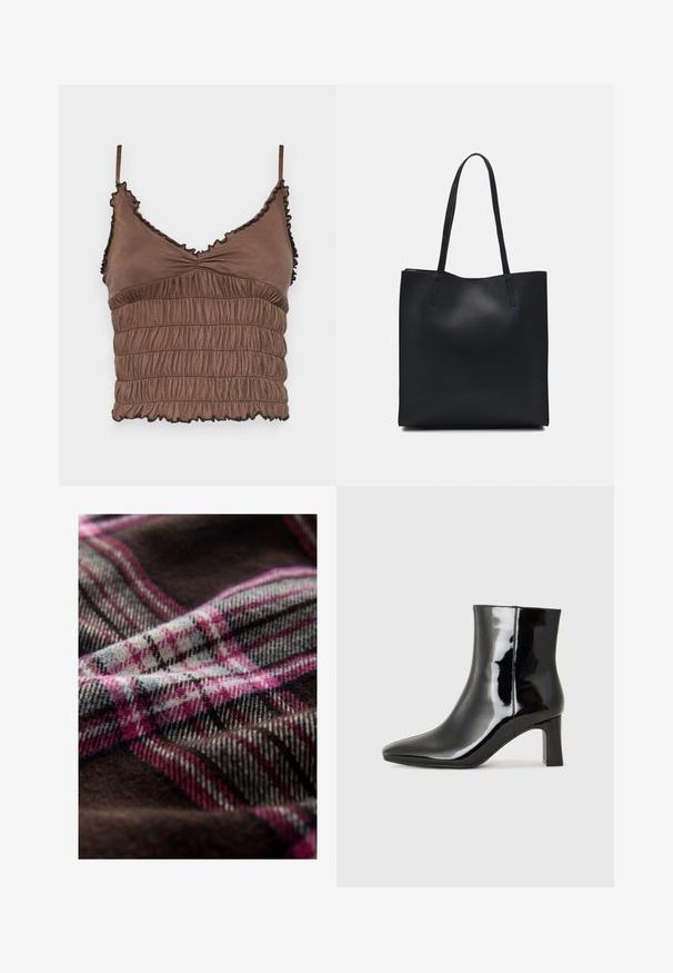 Brown cropped top made of soft fabric, featuring a shirred design, adjustable straps, and ruffled edges with black accents.; Woolen fabric with a brown base, featuring a pink, gray, and black plaid pattern. Soft texture with visible fibers and detail in weave.; Black patent leather ankle boot with a pointed toe and a mid-height block heel. Smooth texture and minimalist design.; Black leather tote bag with smooth texture, rectangular shape, and two long handles. No visible hardware or embellishments.