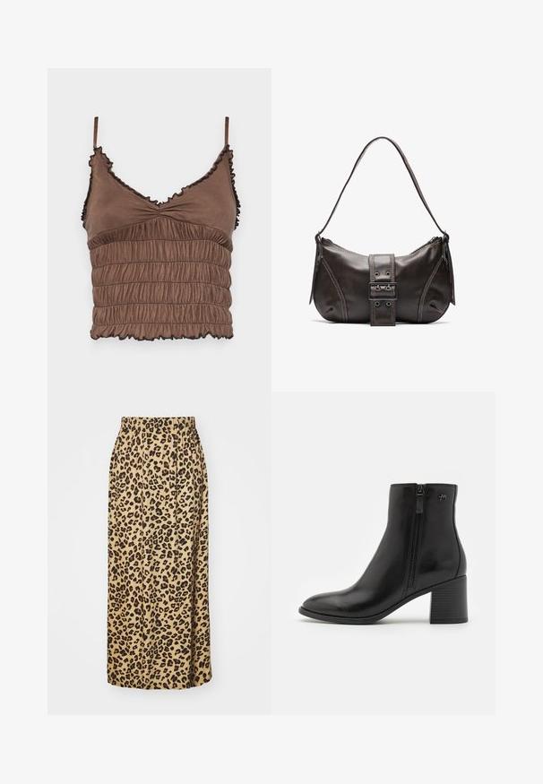 Brauner Cropped-Top aus weichem Stoff, mit einem gerafften Design, verstellbaren Trägern und Rüschenkanten mit schwarzen Akzenten.; Leopardmuster, beiger Stoffrock, knöchellang, mit elastischem Bund, ausgestattet mit einer glatten Textur und einem gefältelten Design.; Schwarze Knöchelstiefel aus glattem Leder mit einem seitlichen Reißverschluss. Sie verfügen über eine spitze Schuhspitze und einen strukturierten Blockabsatz für Stabilität.; Braune Lederumhängetasche mit gebogener Form, die mit einem auffälligen Schnallendetail, kontrastierenden Nähten und einem einzigen Schulterriemen ausgestattet ist.