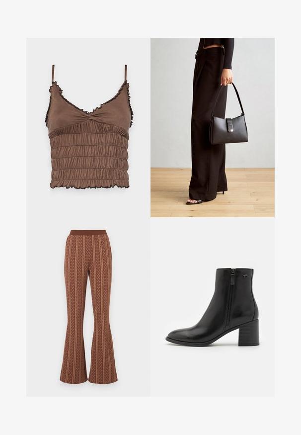 Brauner Cropped-Top aus weichem Stoff, mit einem gerafften Design, verstellbaren Trägern und Rüschenkanten mit schwarzen Akzenten.; Braune Schlaghosen mit einem gemusterten Design, das vertikale Streifen und geometrische Formen enthält. Elastischer Bund, weiche Textur.; Schwarze Knöchelstiefel aus glattem Leder mit einem seitlichen Reißverschluss. Sie verfügen über eine spitze Schuhspitze und einen strukturierten Blockabsatz für Stabilität.; Schwarze Handtasche mit strukturierter Form, glatter Textur und einem metallischen Verschluss. Kombiniert mit weiten schwarzen Hosen und offenen Sandalen auf einem Holzboden.