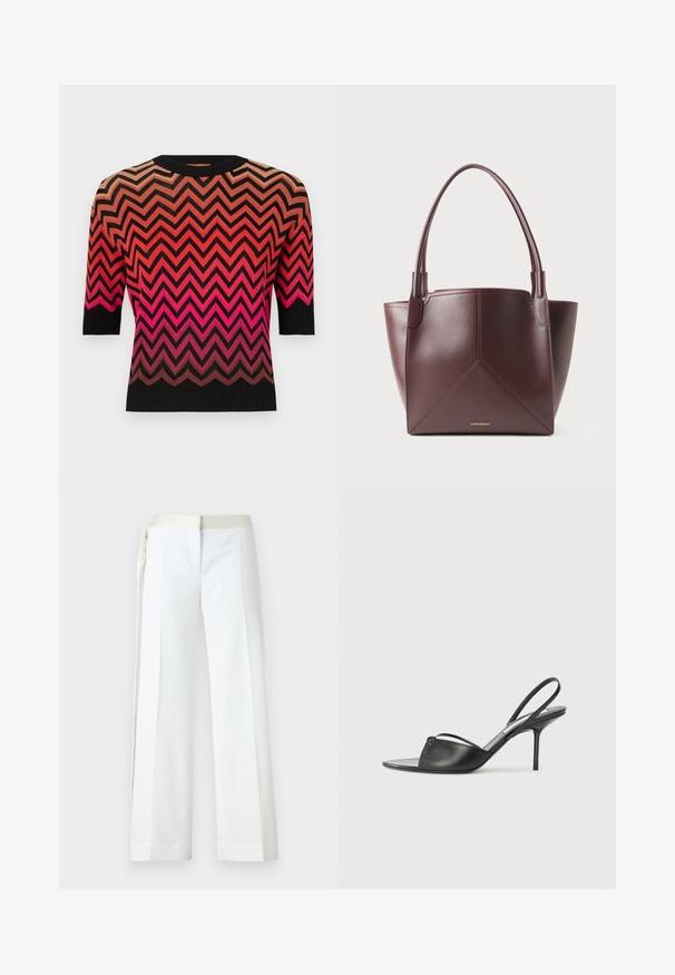 Gebreid top met korte mouwen, gekenmerkt door een zigzagpatroon in gradient tinten van roze naar zwart. De geribbelde halslijn en zwarte mouwen maken het ontwerp compleet.; Witte brede broek gemaakt van soepel materiaal, met een vlakke voorkant, zakken en een lichtgroene satijnen tailleband met strikdetail.; Zwarte leren slingback hakken met een spitse neus, dunne enkelband en stiletto hak. Bevat een geknoopte detail op de bovenkant.; Donkerbruine leren tote bag met twee handvaten en geometrische paneelstiksels, voorzien van kleine gouden merktekst nabij het midden onderaan.
