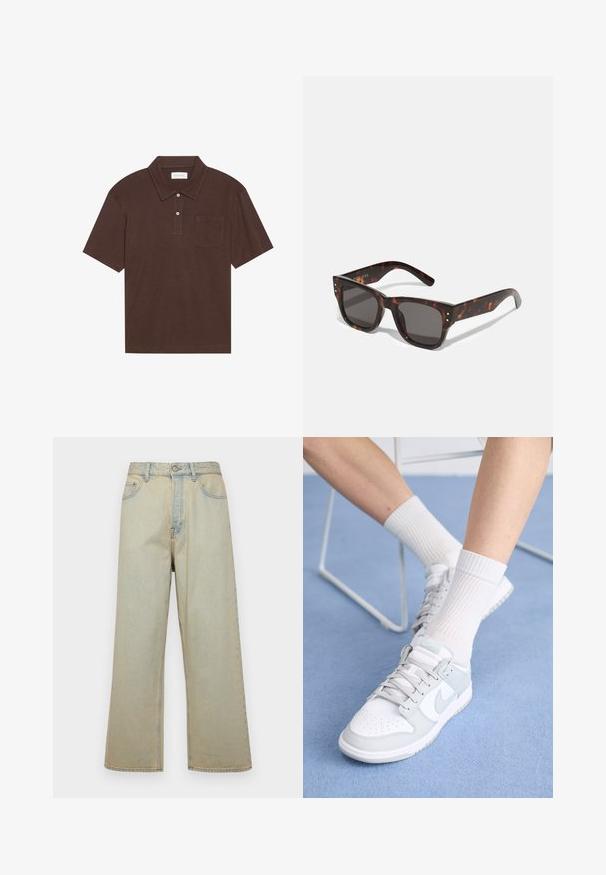 Brun polo-skjorte laget av mykt stoff, med krage, treknappers stolpe og en lomme på venstre bryst. Korte ermer, avslappet passform.; Lyseblå vide jeans laget av denim med en falmet finish. Har fem lommer og en frontlukking med knapp.; Hvite sneakers med lyseblå detaljer, læroverdel, perforert tå, tykke snøringer og stripete hvite sokker mot en blå bakgrunn.; Skilpaddeskjell-solbriller med mørke linser, firkantet ramme og sølvfargede nagler på fronten. Laget av plast, lett og holdbar.
