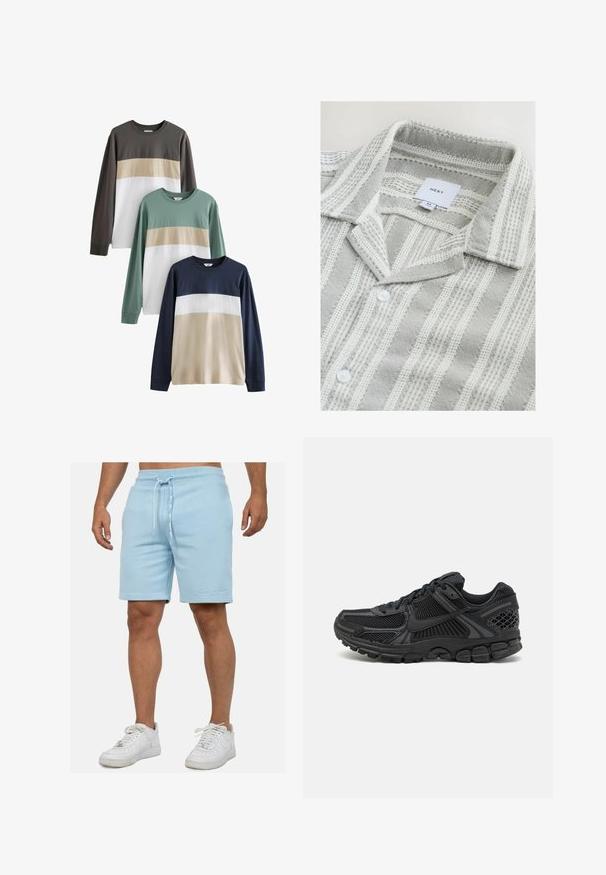 Trois t-shirts à manches longues de couleur gris foncé, vert et marine, présentant des blocs de couleur horizontaux en beige et blanc sur la poitrine.; Chemise rayée grise et blanche avec un tissu texturé, dotée d'un col classique, d'une fermeture à boutons et d'une étiquette.; Shorts bleu clair en tissu texturé avec une taille élastique et un cordon de serrage ; comprend un logo en relief sur l'ourlet avant.; Chaussure de sport noire avec tige en mesh, semelle en caoutchouc et accents texturés. Le design comprend un système de laçage prononcé et une semelle rembourrée.