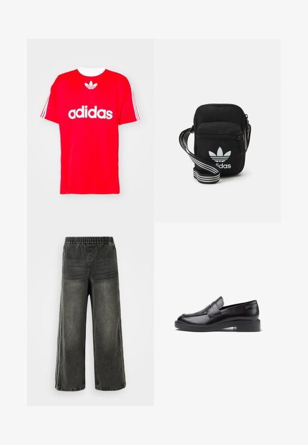 Punainen Adidas-t-paita, jossa valkoinen logo ja kolme raitaa hihoissa, valmistettu kevyestä kankaasta, jossa on pyöreä kaula-aukko.; Mustat huovutetut farkut, joissa on joustava vyötärö ja leveät lahkeet, joissa on hienovaraiset pystysaumayksityiskohdat sivuilla.; Mustat nahkaloafersit, joissa on matala ribattu kanta, pyöristetty kärki, koristeelliset ommeltut yksityiskohdat ja etuosaeronauha. Sujuva tekstuuri.; Musta kangas olkalaukku vetoketjulla, jossa on valkoinen Adidas-logo ja raidallinen säädettävä hihna helppoa kantamista varten.