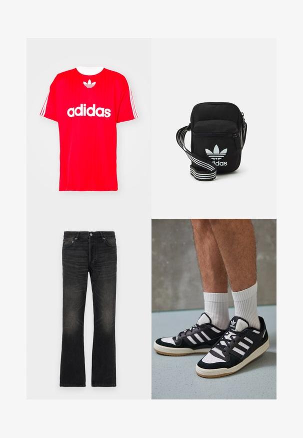 Czerwona koszulka Adidas z białym logo i trzema paskami na rękawach, wykonana z lekkiego materiału, z dekoltem w kształcie łódki.; Czarne dżinsy dzwonowe z wyblakłym wykończeniem, pięć kieszeni i srebrne akcesoria. Charakteryzują się klasycznym pasem i lekko teksturowanym materiałem.; Czarno-białe sneakersy z zamszową i skórzaną cholewką, z trzema białymi paskami, perforowanym czubkiem i gumową podeszwą w kolorze gumy.; Czarna torba crossbody wykonana z materiału, z zamknięciem na zamek błyskawiczny, z białym logo Adidas oraz regulowanym paskiem w paski, co ułatwia noszenie.