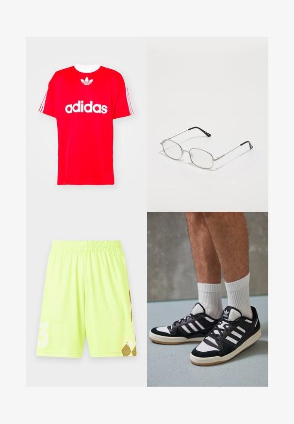 Sarkans Adidas t-krekls ar baltu logo un trim stārpiem uz piedurknēm, izgatavots no viegla auduma ar apaļu kakla dizainu.; Neon dzelteni sporta šorti ar elastīgu jostasvietu, ar balto "3" logo un zelta ģeometrisku rakstu apakšējā labajā stūrī.; Melnas un baltas kedas ar zamša un ādas augšdaļu, kas aprīkotas ar trim baltām svītrām, perforētu purngali un gumijas zolēm.; Metāla briļļu rāmis ar ovālu formu, sudraba apmale un caurspīdīgi stikli. Šauras, taisnas kājas ar melniem galiem, minimālisma dizains.