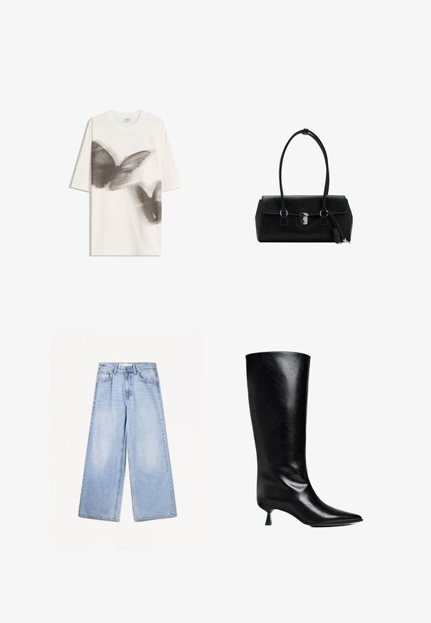 Bijela pamučna majica s velikim grafičkim prikazom crno-sive leptirice na prednjoj strani. Kratki rukavi i klasičan okrugli izrez.; Bershka WIDE-LEG - Široke nogavice - light-blue denim; Crne kožne čizme do koljena s oštrim nosom, uskim siluetom i niskom blok petom koja ima sjajnu završnu obradu.; Crna kožna torba s glatkom teksturom, strukturiranim dizajnom, dvostrukim ručkama i detaljem od srebra na kopčanju u sredini.
