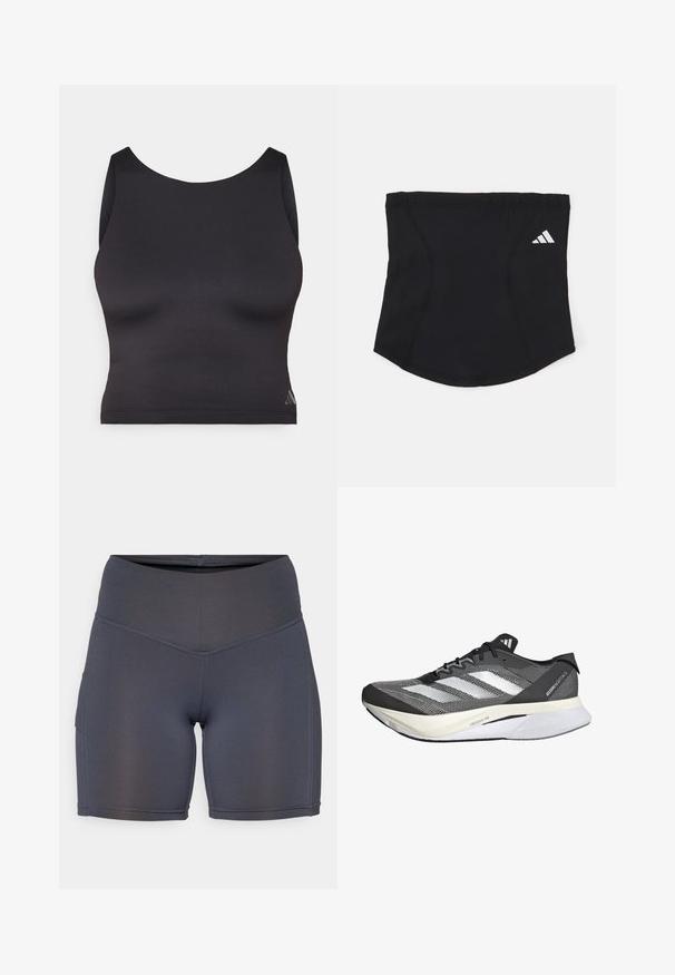 Schwarzes sportliches Crop-Top aus glattem, elastischem Material mit runder Ausschnittform und ärmellosem Design. Mit dezentem Logo-Detail.; Dunkelgraue Sportshorts aus glattem, elastischem Stoff. Mit hohem Bund und kontrastierenden Nähten, versehen mit einem Seitenfach.; Schwarz-weißer Sportschuh mit einem Obermaterial aus Mesh, featuring drei weiße Streifen, einer markanten Sohle mit der Aufschrift "LIGHTSTRIKE PRO" und einem aerodynamischen Design.; Schwarzes Sport-Stirnband mit glatter Textur, geschwungener Form und elastischem oberen Teil. Verfügt über ein kleines weißes Adidas-Logo an der Seite.