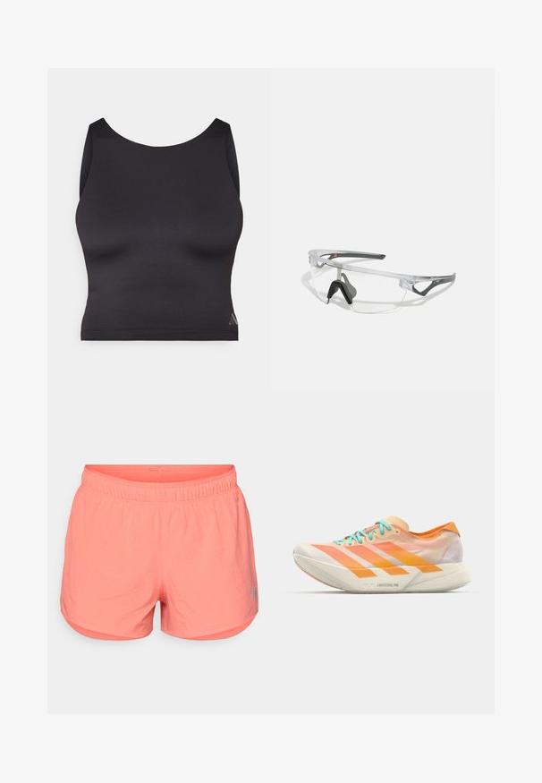 Fekete sportos crop top sima, rugalmas anyagból, kerek nyakkivágással és ujjatlan kialakítással. Finom logórészlet jellemzi.; Fényes korall színű sportnadrág rugalmas derékkal, lélegző anyagból készült, amely kis perforációkkal rendelkezik a szellőzés érdekében.; Futócipő, amelynek kevert dizájnja narancssárga, barack és fehér árnyalatokban készült. Három fehér csíkkal és világoskék fűzőkkel rendelkezik.; Áttetsző, könnyű keretes biztonsági szemüveg szürke kiegészítőkkel. Wraparound kialakítással és állítható orrnyereggel rendelkezik.