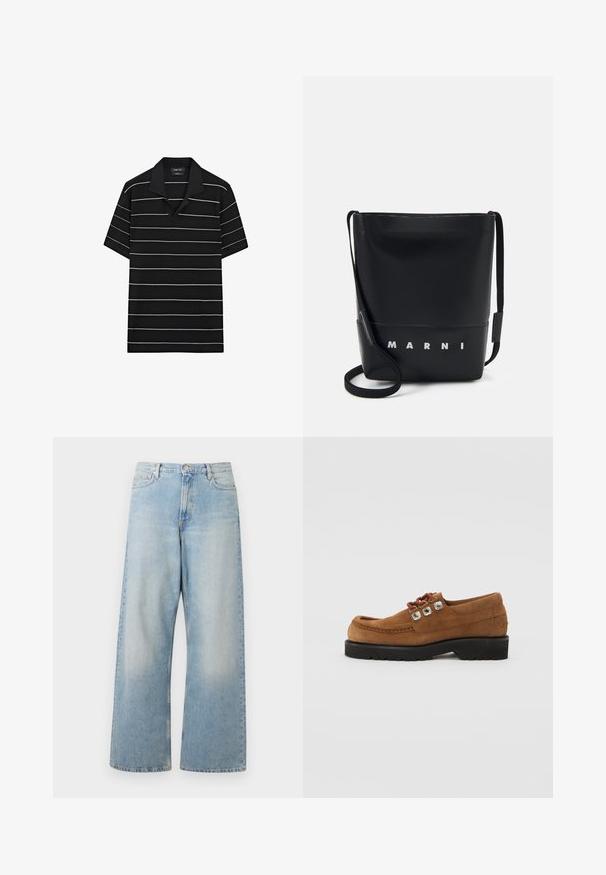 Schwarzes Polohemd mit kurzen Ärmeln und weißen Horizontalstreifen, ausgestattet mit einem eingekerbten Kragen und einem strukturierten Stoff.; Helle blaue weit geschnittene Jeans aus Denim, mit hoher Taille, Fronttaschen und einem ausgewaschenen Look mit subtilen Abzeichen an den Oberschenkeln.; Braunes Wildleder-Schuh mit runder Zehenpartie, gepolstertem Kragen und dekorativen, silberfarbenen Ösen. Schwarze Gummisohle für Traktion und Stabilität.; Schwarze Bucket-Bag aus strukturiertem Leder mit einer glatten Oberfläche. Besitzt ein silbernes "MARNI"-Logo, einen verstellbaren Tragegurt und ein minimalistisches Design.