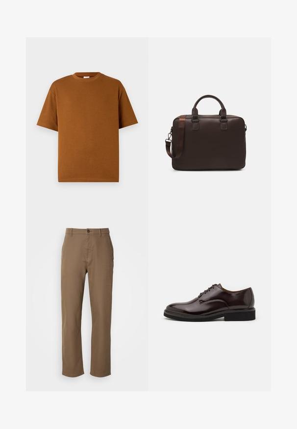 Brun kortermet t-skjorte laget av myk stoff, med rund hals og avslappet passform med rett kant. Ingen synlige mønstre eller detaljer.; Brune, bomullsbukser med rett passform, knappeåpning og sidelommer. Har en glatt tekstur og et enkelt, uforstyrret design.; Brune lær Oxford-sko med en glanset finish, rund tå, snøredesign og tykk svart gummisåle. Sømdetalj på overdelen.; Brun lærveske til bærbar datamaskin med en strukturert overflate, doble topphåndtak, justerbar stropp og to frontspenner for ekstra detalj.
