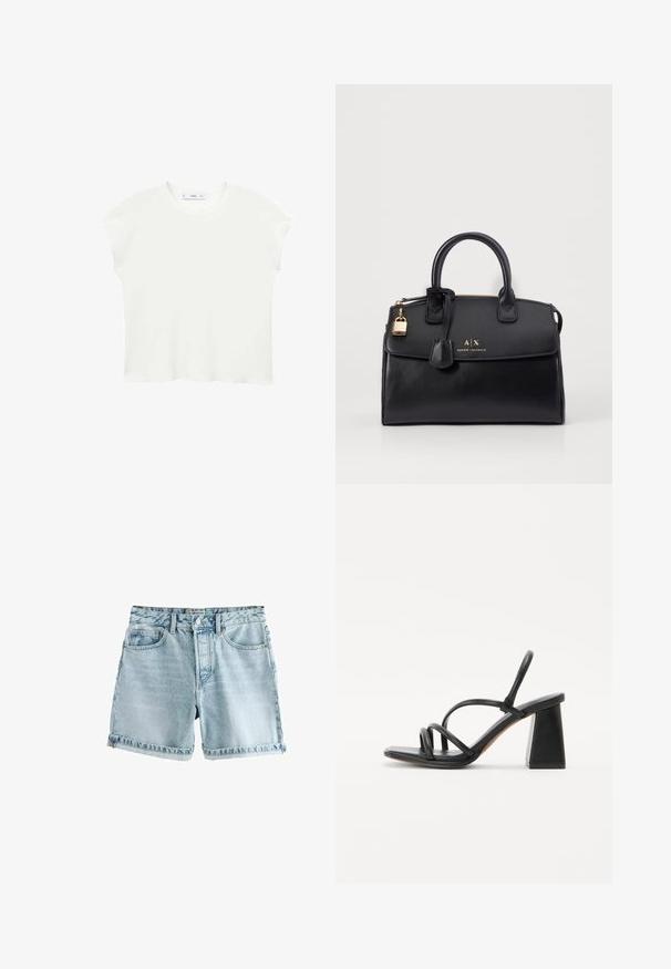 Bela majica s kratkimi rokavi in okroglim izrezom, mehke teksture in udobnega kroja. Rahlo ukrivljen rob dodaja sproščen pridih.; Svetlo modri traper šorti z neprerezanimi robovi, petimi žepi in gumbom za zapiranje. Tkanina ima nekoliko obrabljen videz.; Črne sandale s peto v obliki kvadrata, s široko peto in več tanjšimi trakovi čez stopalo ter odprtim dizajnom hrbta. Gladka usnjena tekstura.; Črna usnjena torbica s strukturirano obliko, z zlatim okovjem in podrobnostjo v obliki ključavnice. Ima dvojne zgornje ročaje in reliefno blagovno znamko na sprednji strani.