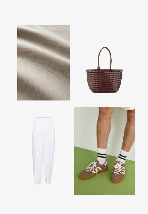Beige stof met een gladde, gestructureerde oppervlakte, met subtiele horizontale lijnen en rimpels, wat duidt op zachtheid en flexibiliteit.; Witte linnen broeken met een hoge taille, voorzien van voorplooien en een ontspannen silhouet, taps toelopend naar de enkels. Glad textuur, zonder patronen.; Bruine suède sneakers met witte accenten en veters. Rubberen gumzool. Draag met witte sokken met zwarte strepen. Groene gestructureerde vloer.; L37 FIND A WAY OUT - Handtas - bronze