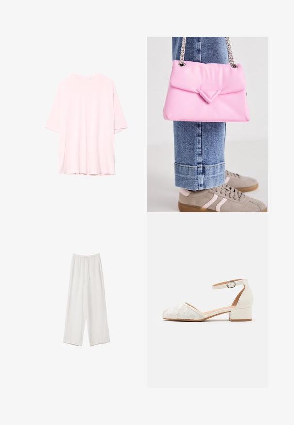 T-shirt oversize rose clair en coton doux. Encolure ronde, manches courtes et ourlet arrière légèrement plus long. Pas de motifs ni d'accents visibles.; Pantalons larges blancs en tissu léger. Dotés d'une taille élastique avec cordon de serrage et de poches latérales. Texture lisse.; Chaussure blanche à bride de cheville en dentelle avec un petit talon carré et un design à bout pointu. Doublure intérieure lisse, dessus en dentelle texturé et détail de boucle.; Sac à main synthétique rose avec un design plié, featuring un accent triangulaire et une bandoulière en chaîne argentée. Associé à un jean bleu clair et des baskets.