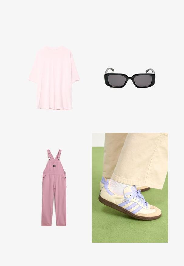 Jasnoróżowa oversize'owa koszula z krótkim rękawem, uszyta z miękkiej bawełny. Okrągły dekolt, krótkie rękawy i nieco dłuższy tylny dół. Brak widocznych wzorów lub akcentów.; Różowe bawełniane ogrodniczki mają regulowane ramiączka, dwie przednie kieszenie oraz kwadratową kieszeń na klatce piersiowej, z metalowymi wykończeniami.; Kremowe i lawendowe trampki z trzema paskami oraz teksturowaną brązową podeszwą, wyposażone w sznurówki i wyścieloną piętę. Górna część z miękkiego materiału.; Czarne prostokątne okulary przeciwsłoneczne z ciemnymi soczewkami, gładką plastikową ramką i wygiętymi zausznikami. Projekt jest masywny, o minimalistycznej estetyce.
