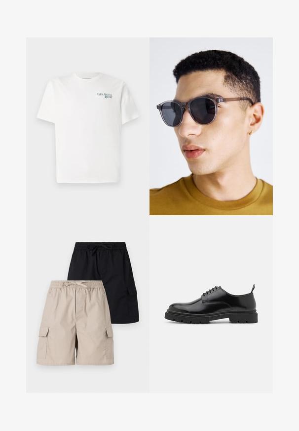 T-shirt bianco in cotone con colletto rotondo. La parte anteriore presenta un testo verde: "PARK MOTEL Resort." Maniche corte e vestibilità comoda. Tessuto morbido.; Due paia di pantaloni cargo, uno beige e uno nero, dotati di fasce elastiche in vita, lacci di chiusura e tasche laterali.; Scarpe stringate in pelle nera con punta arrotondata, texture liscia e suola in gomma rigata. Presentano un piccolo tacco e un pratico cinturino sul retro.; Occhiali da sole tondi con tonalità grigia, dotati di una montatura trasparente, lenti scure e aste sottili e eleganti. Indossati da una persona con capelli corti e ricci.